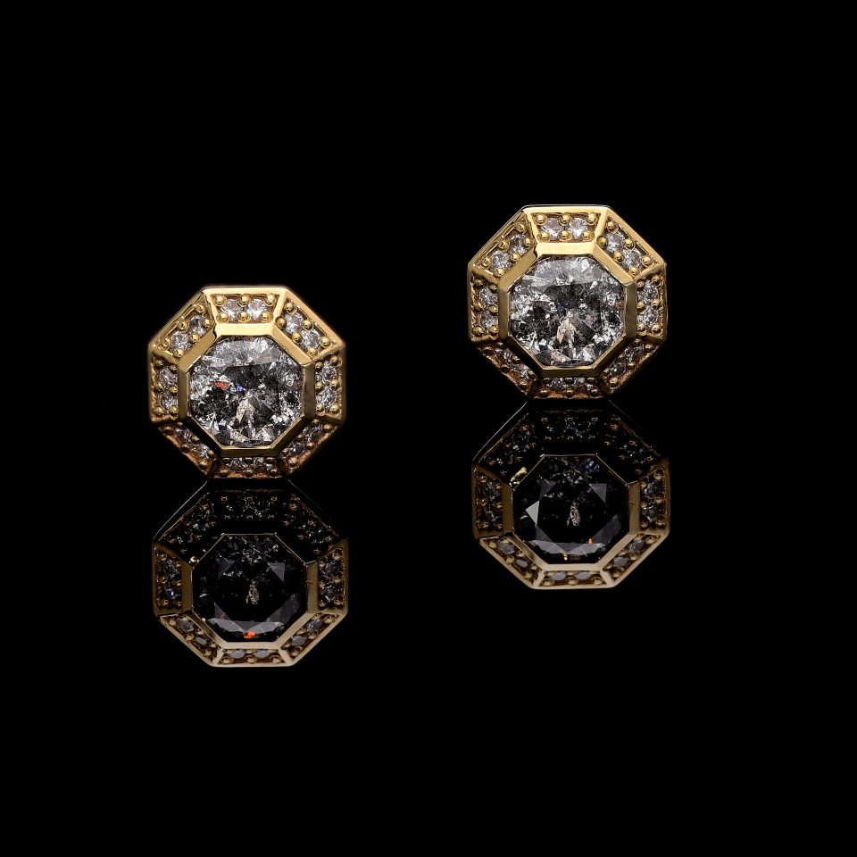 Octagon Shaped Yellow Gold Salt and Pepper Halo Studs