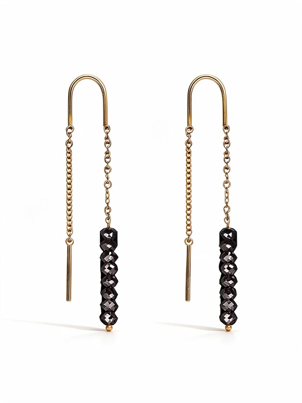 Black Diamond Pull Through Earrings - 9K Gold