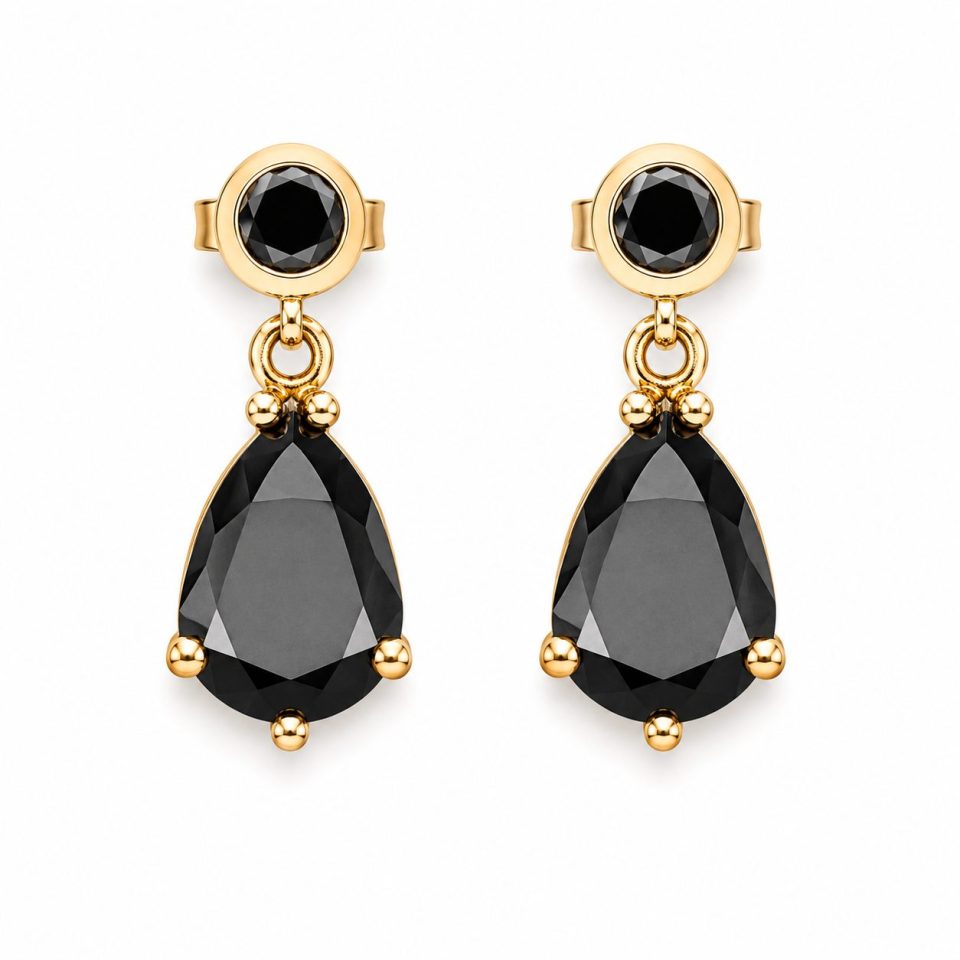 Pear-Shaped Black Diamond Drop-Down Earrings – 9K Gold
