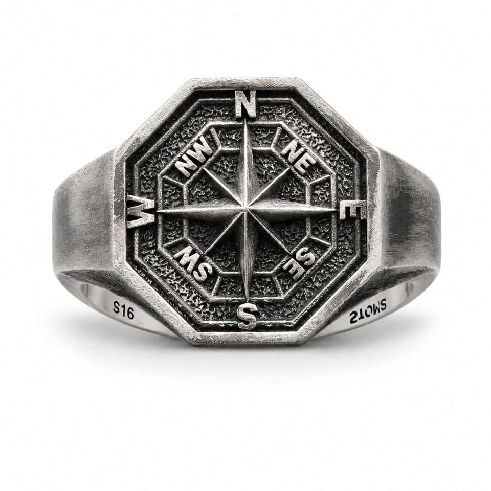 Octagon Compass Men's Ring – Compass Design Signet