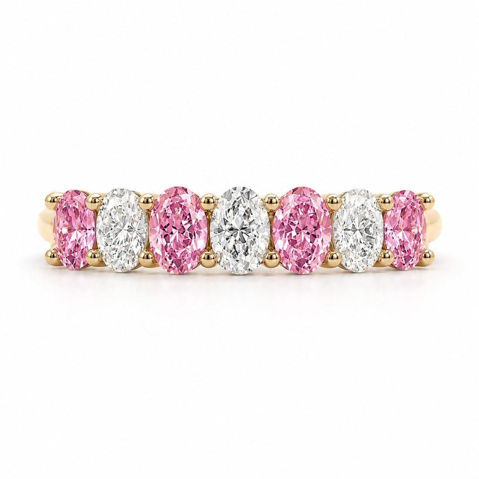 18K Gold Oval-Shaped Pink Sapphire and White Lab-Grown Diamond Eternity Ring - Large