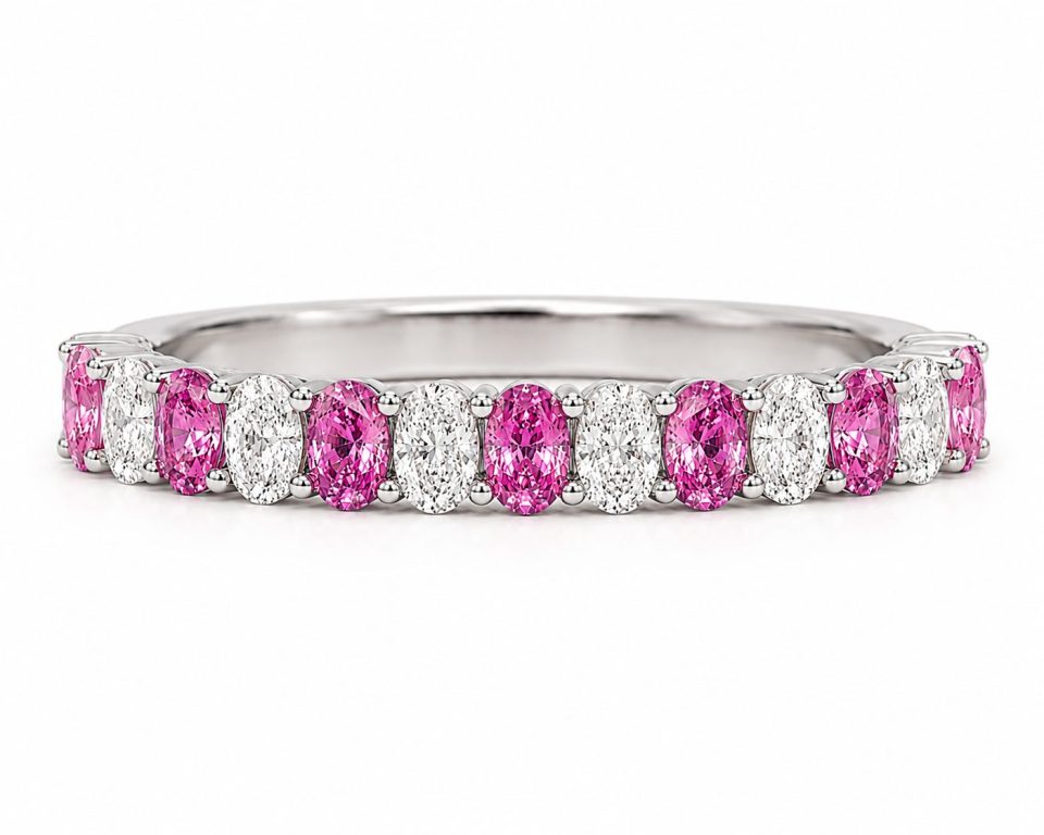 18K Gold Oval-Shaped Pink Sapphire and White Lab-Grown Diamond Eternity Ring - Small