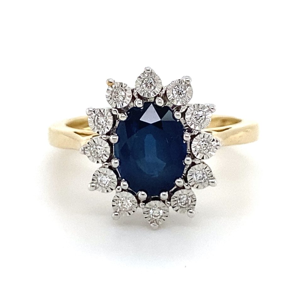 9K Yellow And White Gold Blue Sapphire and Diamond Diana Ring