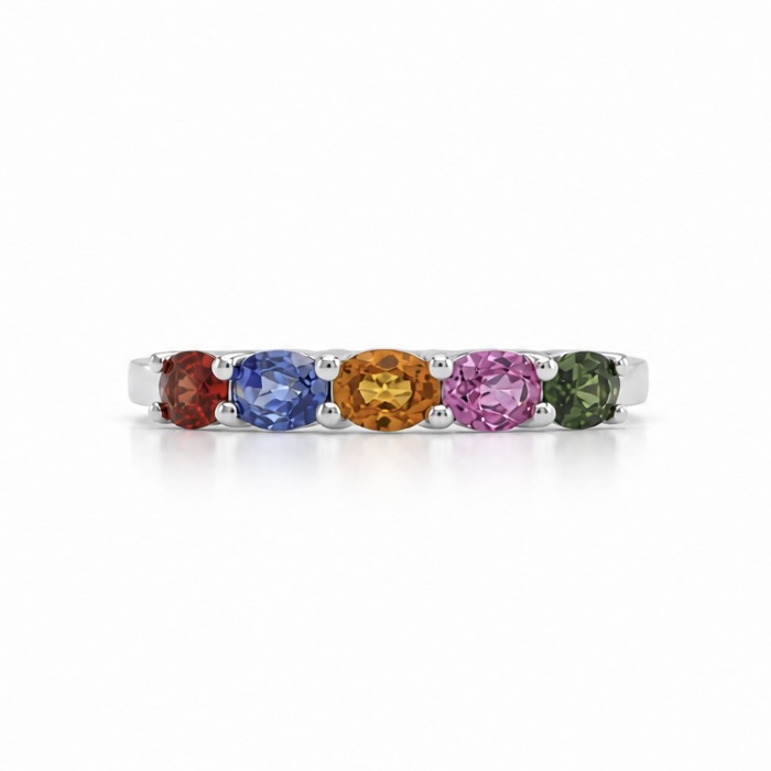 14K White Gold Rainbow 5-Stone Oval Sapphire Eternity Ring