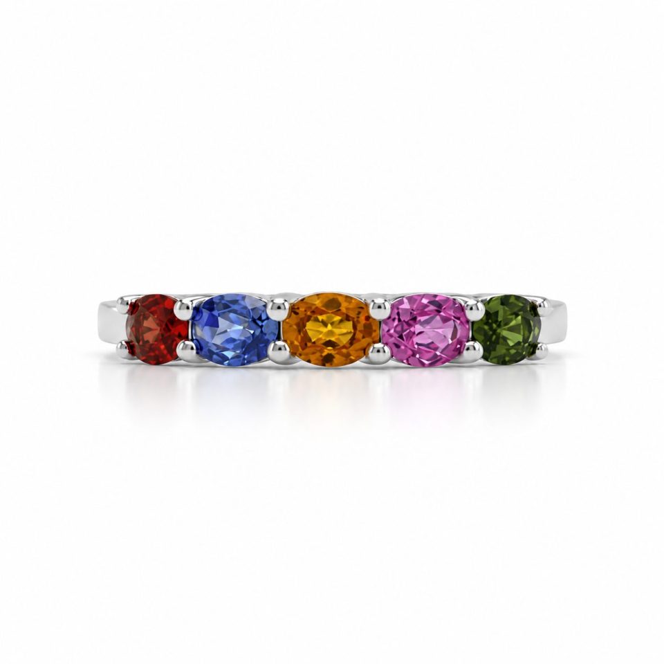 14K White Gold Rainbow 5-Stone Oval Sapphire Eternity Ring