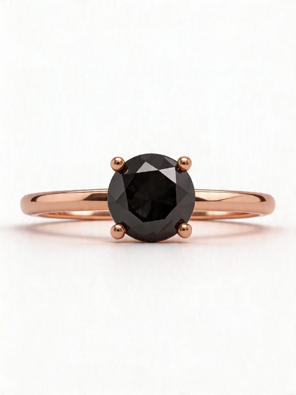 9K Rose Gold 0.85 Ct Round Black Diamond Solitaire Ring
