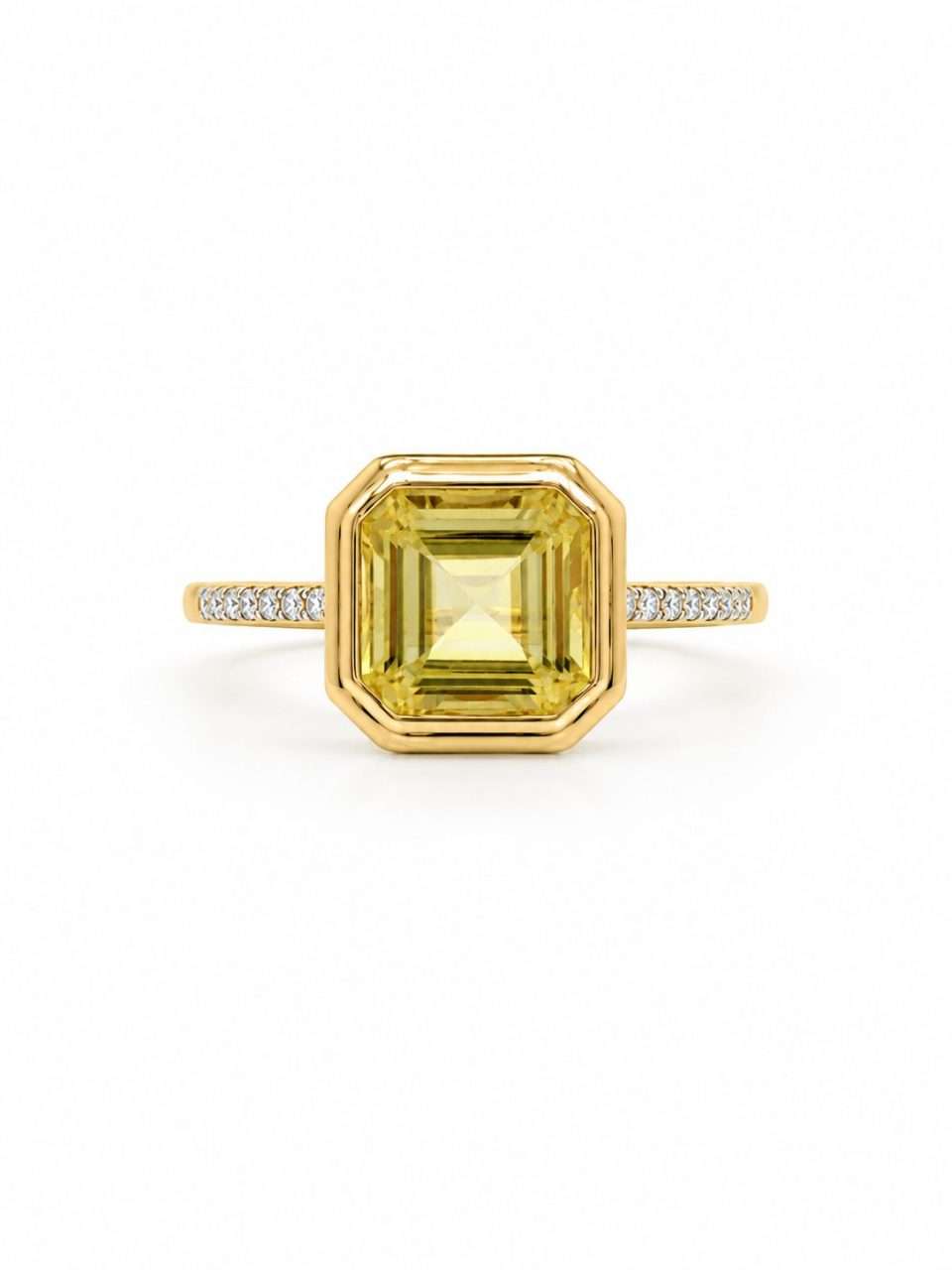 9K Yellow Gold Cushion Cut Lemon Quartz & Diamond Pave Ring