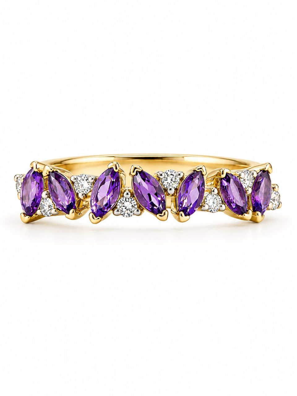9K Yellow Gold Marquise Amethyst and Round Diamond Eternity Ring