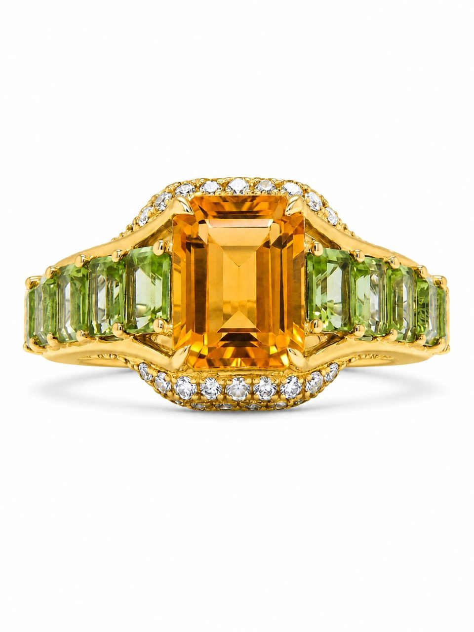 9K Gold Emerald-Cut Citrine and Peridot Ring
