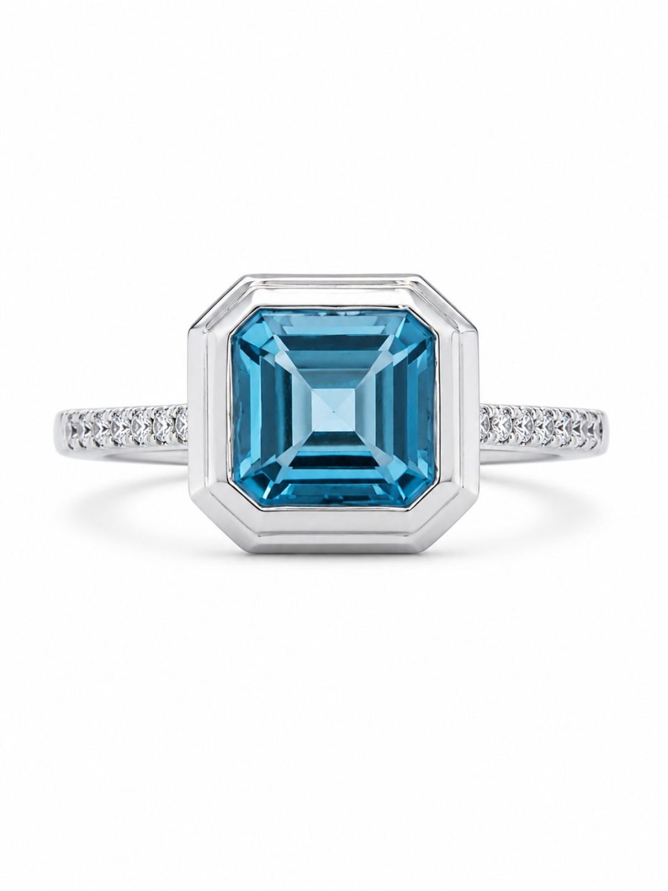 9K White Gold Cushion Cut Swiss Topaz & Diamond Pave Ring