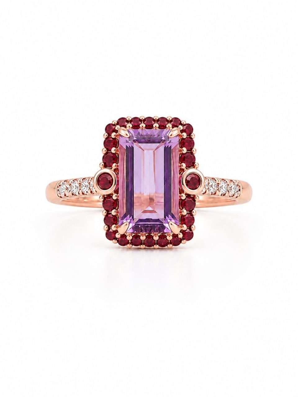 9K Rose Gold Emerald Cut Pink Amethyst & Ruby Halo Ring
