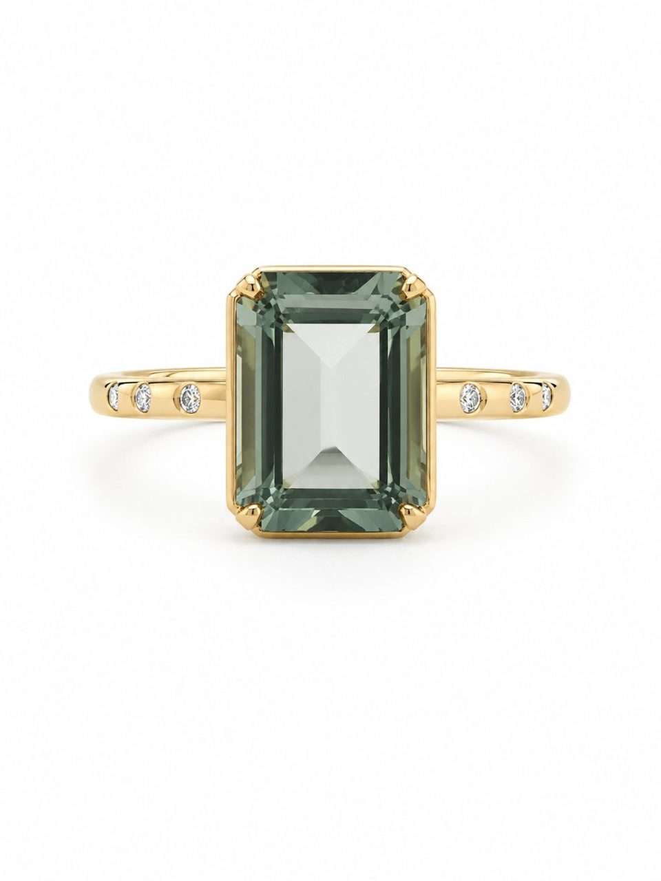 9K Yellow Gold Emerald Cut Green Amethyst & Diamond Ring