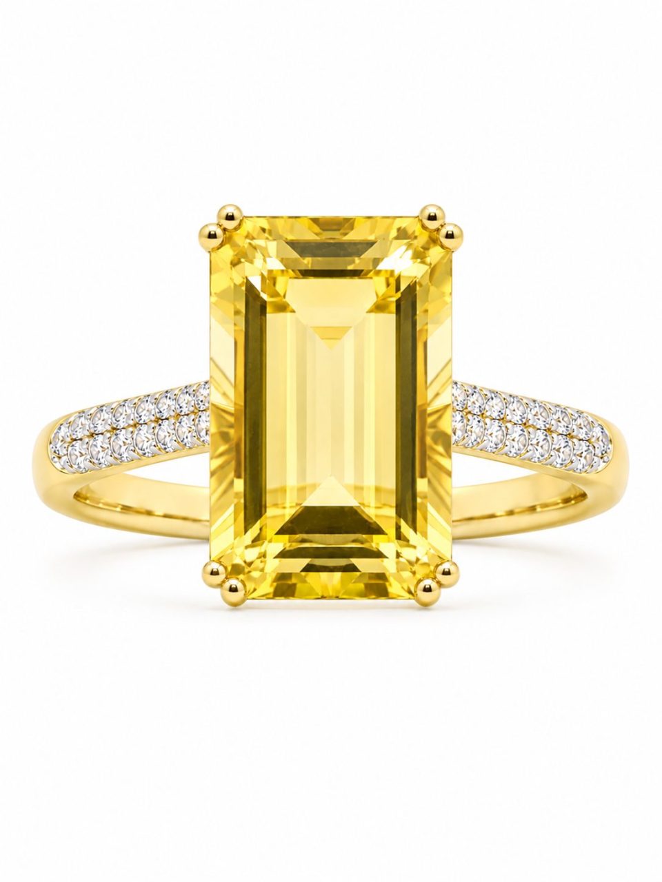 9K Yellow Gold Emerald-Cut Lemon Quartz & Diamond Pave Ring