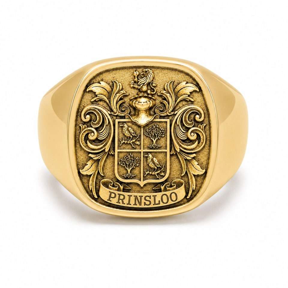 9K Gold Cushion-Top Family Crest Signet Ring