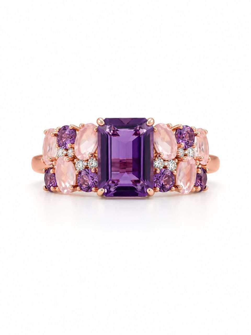 18K Rose Gold Amethyst, Quartz & Diamond Ring