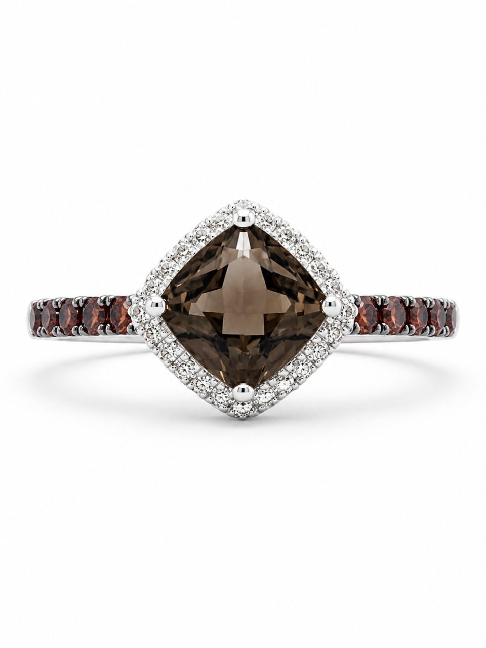 9K White Gold Cushion Cut Smoky Quartz Ring
