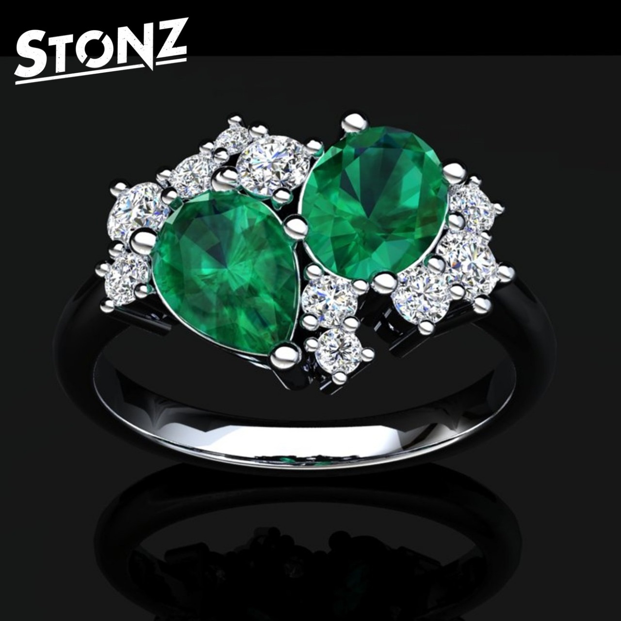 Green Emerald Toi et Moi Ring with Accent Stones